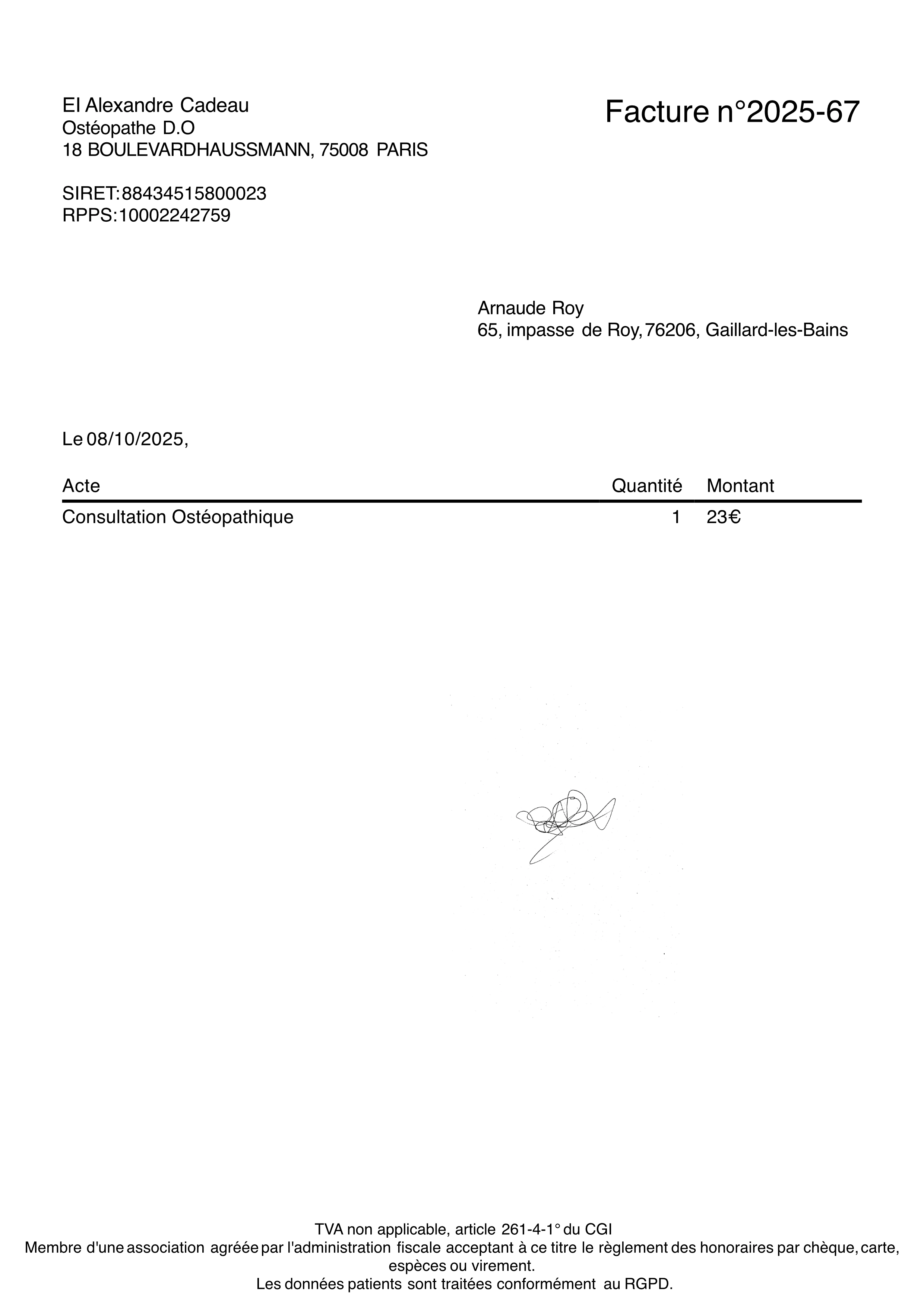 Exemple facture ostéopathe personnalisée