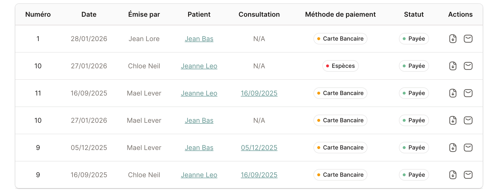 Capture d’écran de la facturation adaptée aux rôles des collaborateurs dans Osteop.app