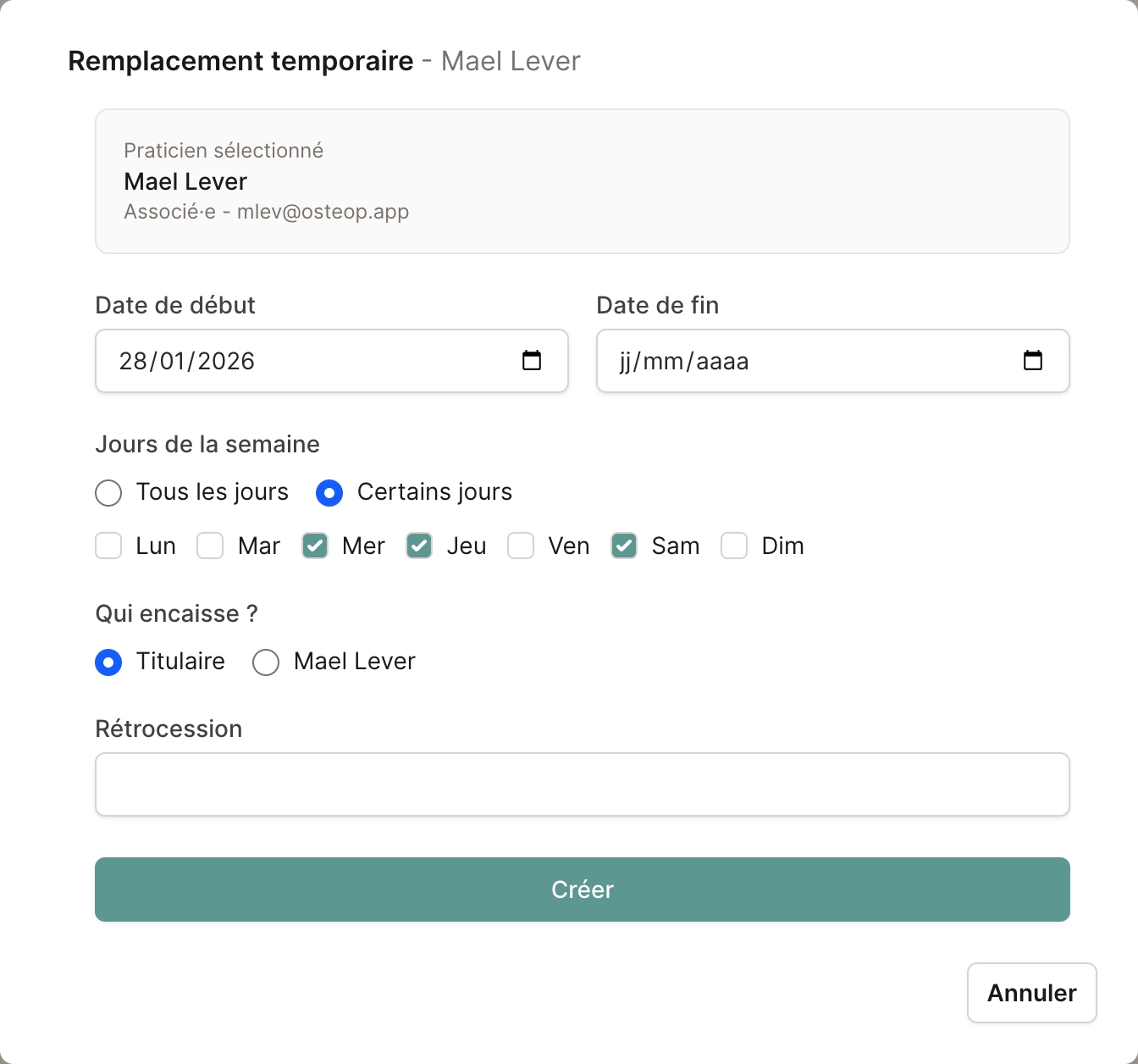 Capture d’écran de la gestion des remplacements temporaires dans Osteop.app