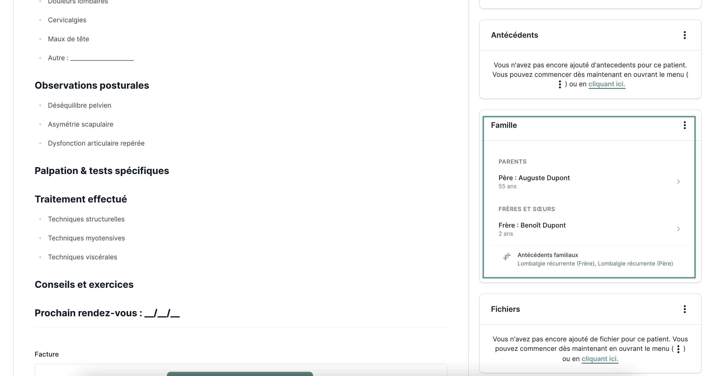 Encart "Famille" dans la fiche patient (colonne de droite) — membres liés, rôles et antécédents médicaux, avec liens vers leurs fiches