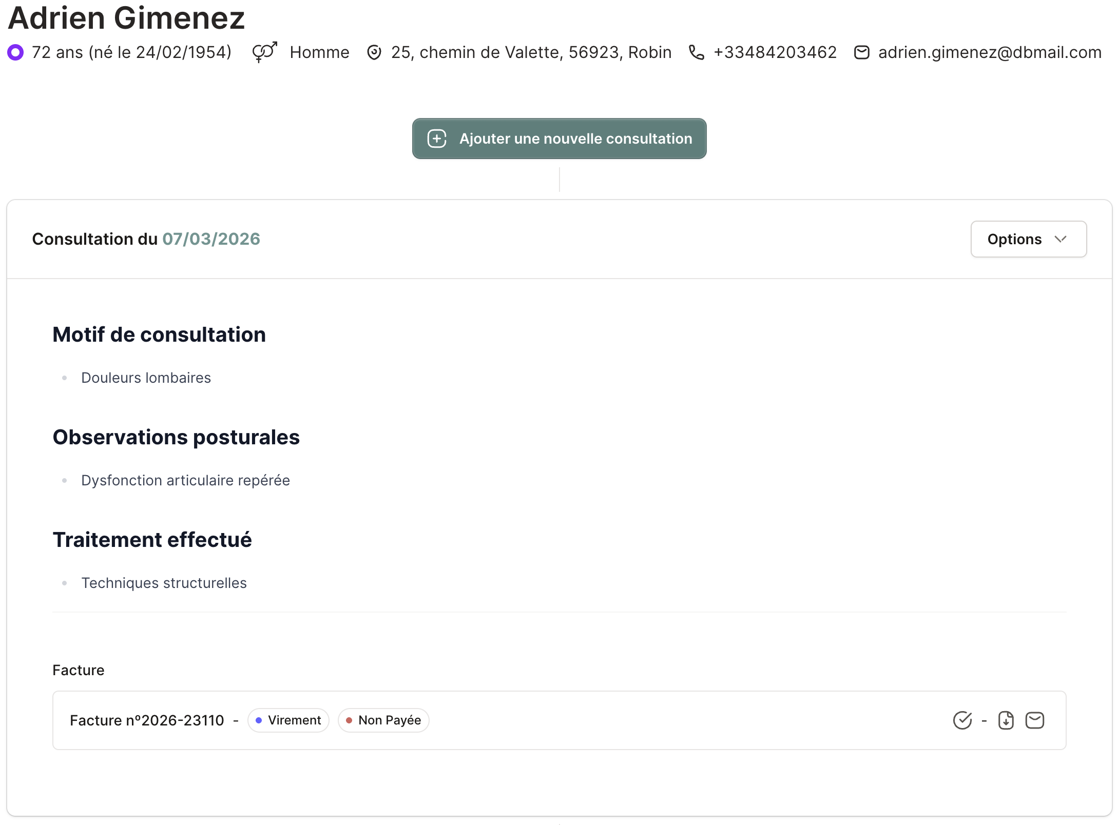 Capture d'écran d'Osteop avec dossier patient, consultation et facturation