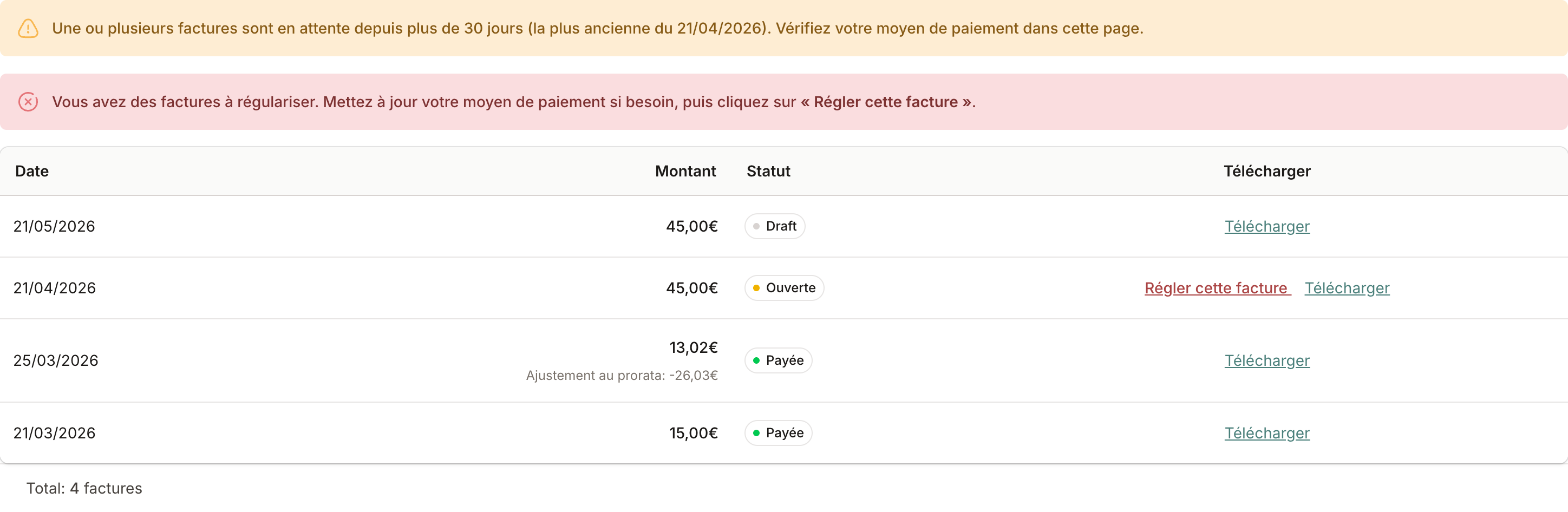 Section Mes factures avec alertes de régularisation et lien Régler cette facture