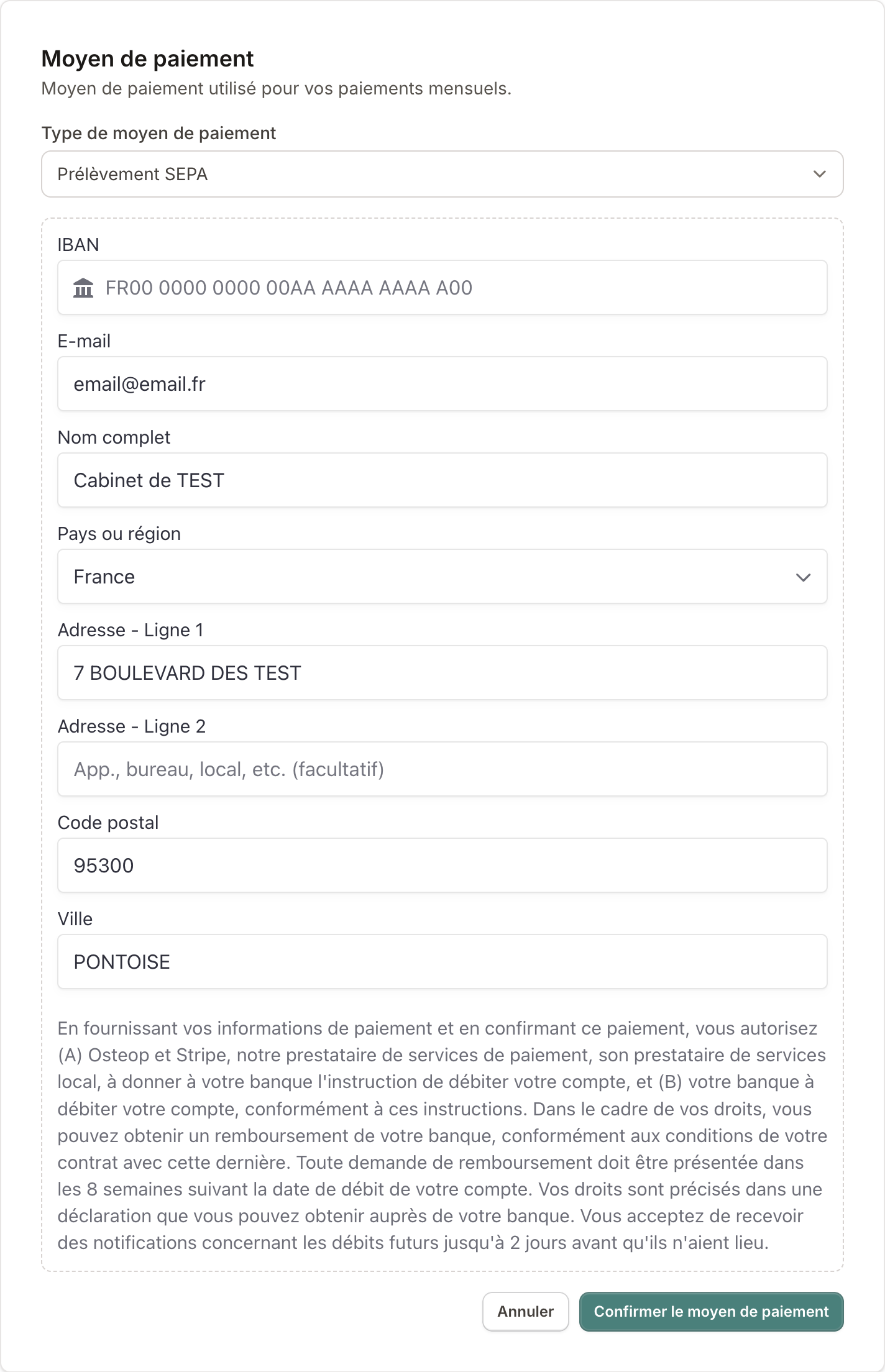 Formulaire de moyen de paiement par prélèvement SEPA avec IBAN, email, nom, adresse et pays