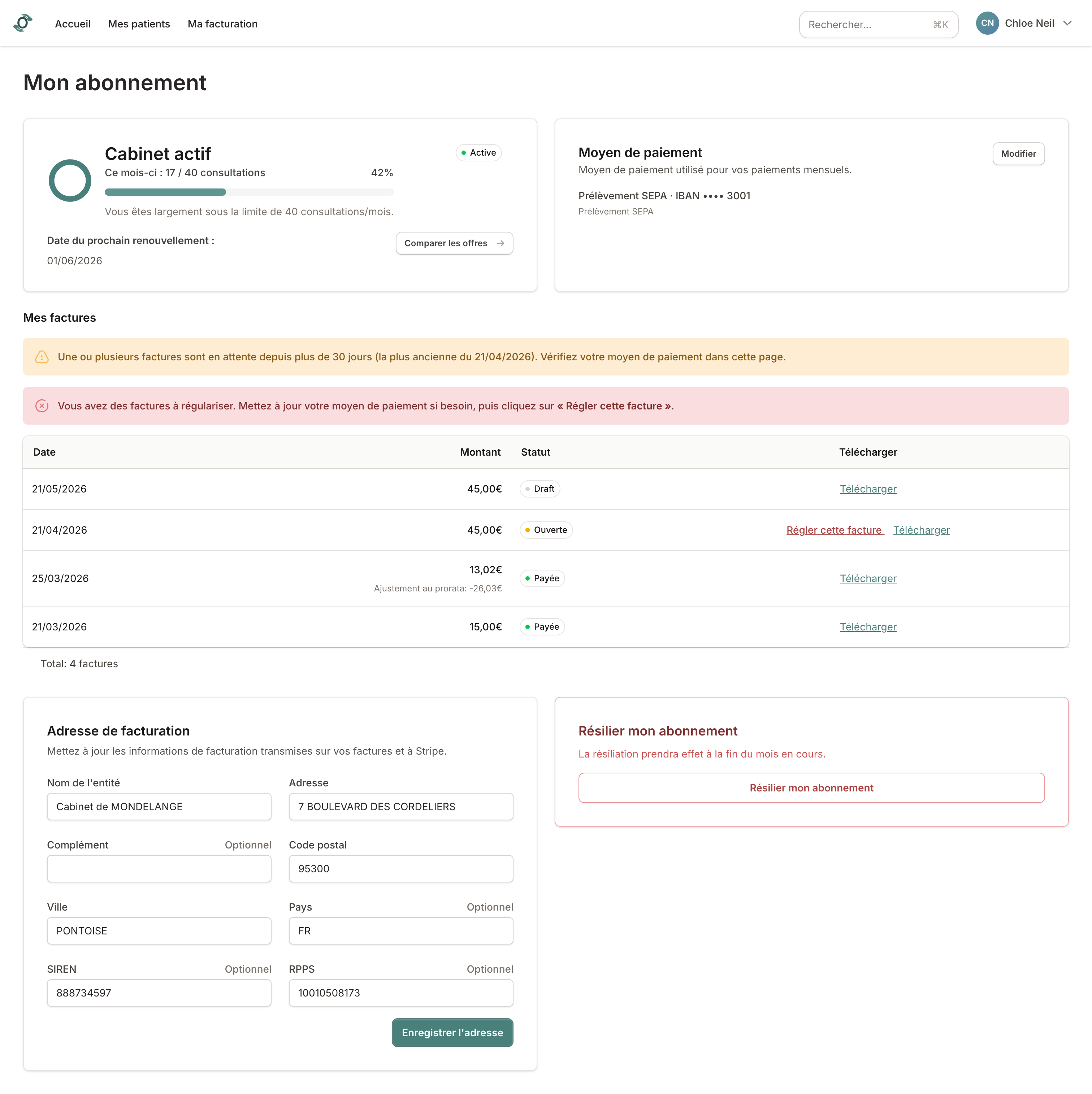 Page Mon abonnement avec plan actif, moyen de paiement, factures et adresse de facturation