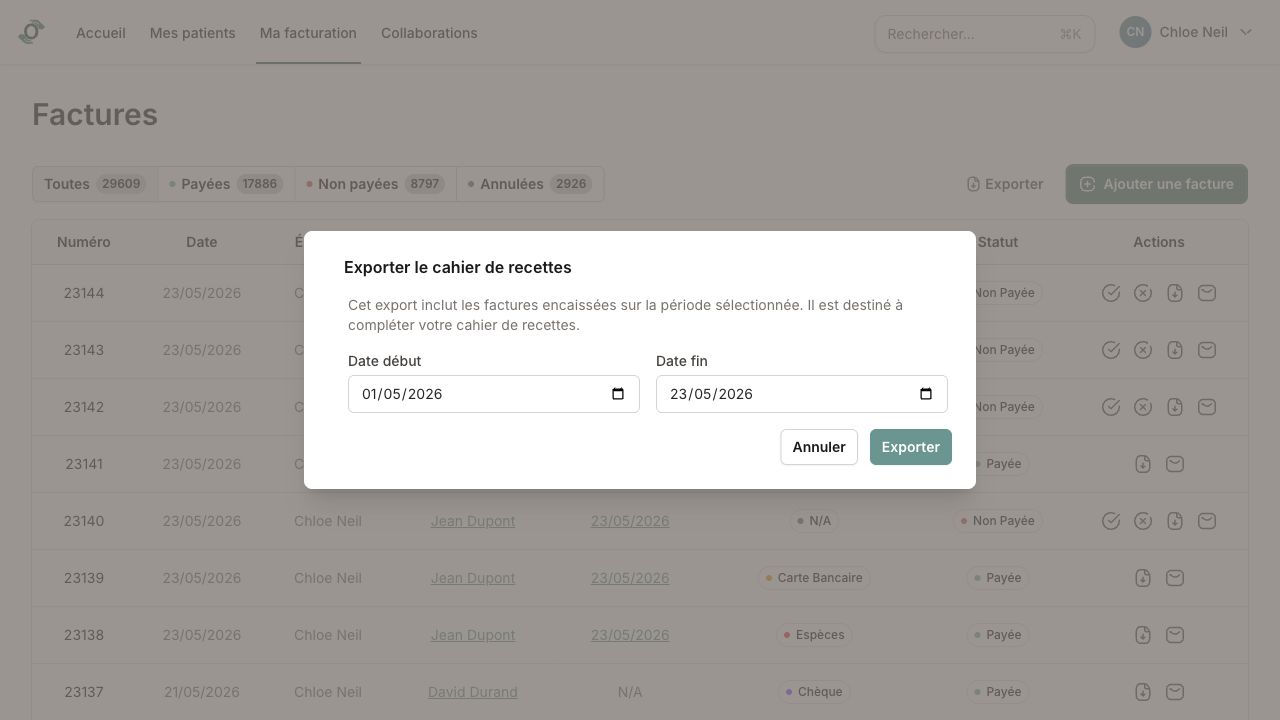 Modale Exporter le cahier de recettes avec les dates de début et de fin