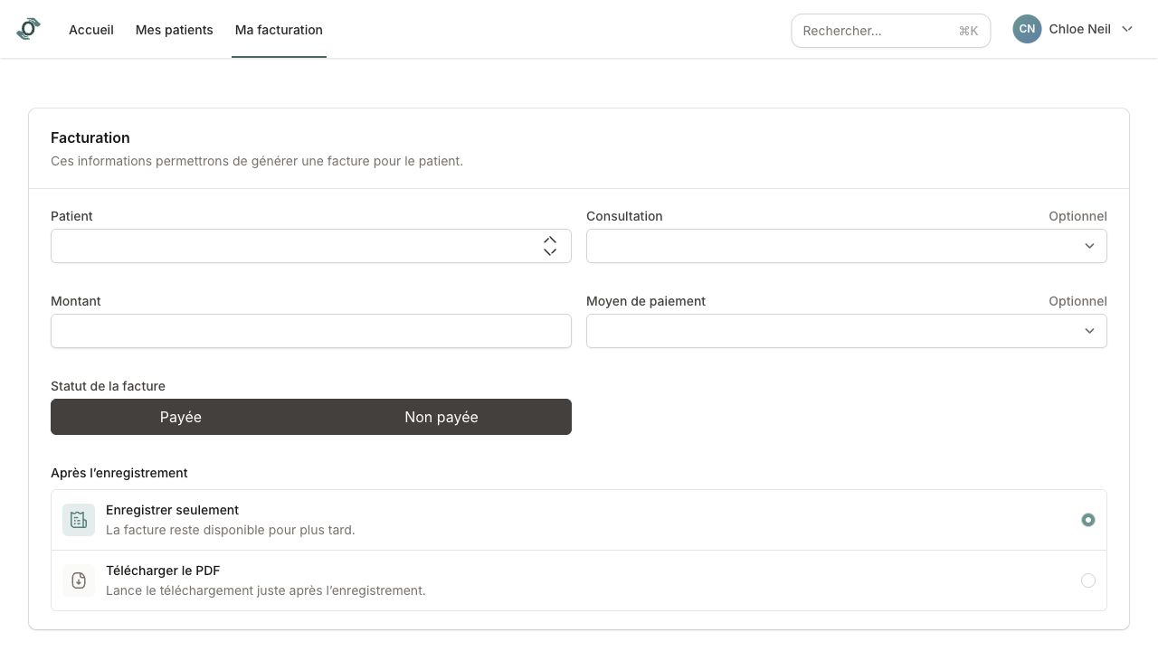 Formulaire de création de facture avec patient, montant, statut et moyen de paiement