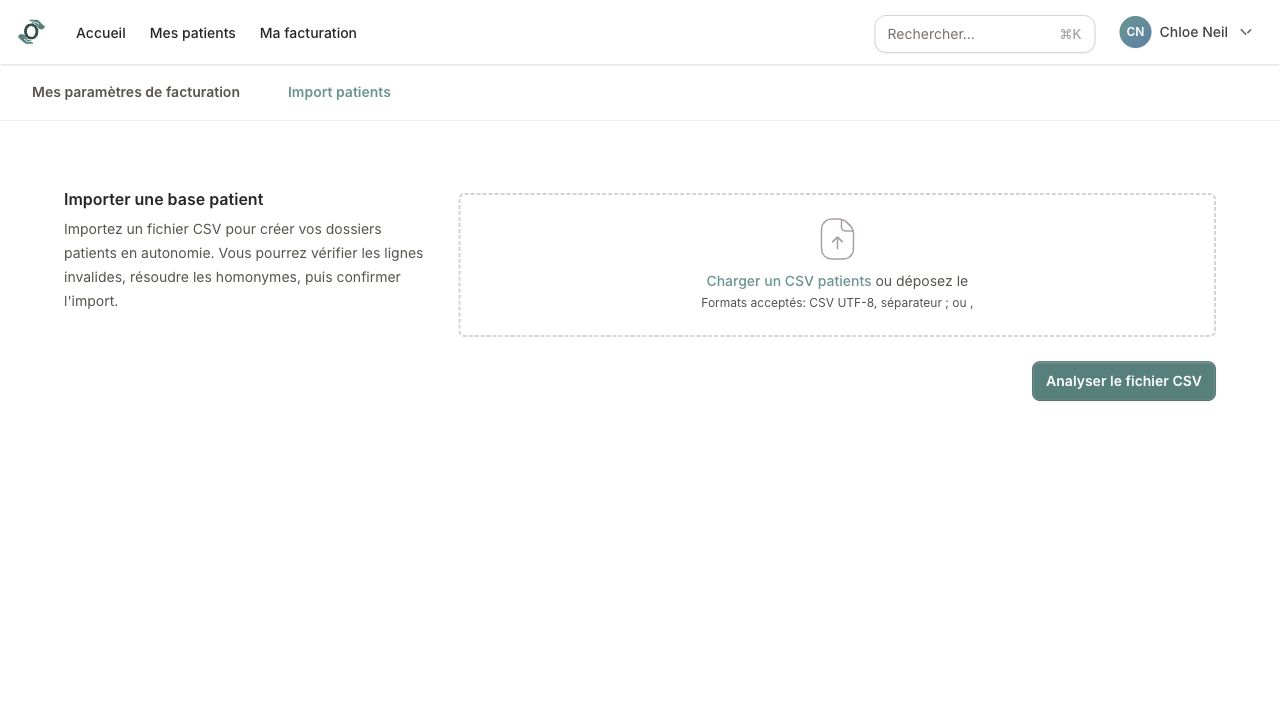 Page Import patients avec zone de dépôt du fichier CSV et bouton d'analyse