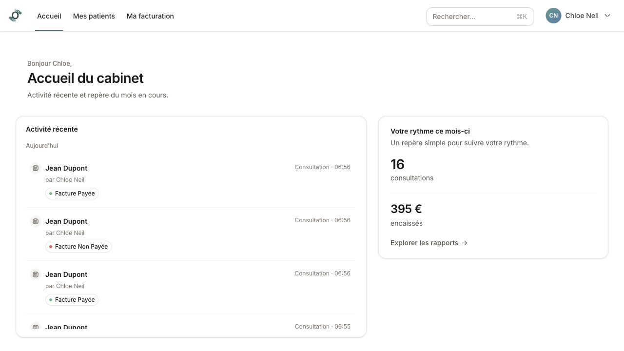 Barre de navigation Osteop avec Accueil, Mes patients, Ma facturation, recherche et menu utilisateur