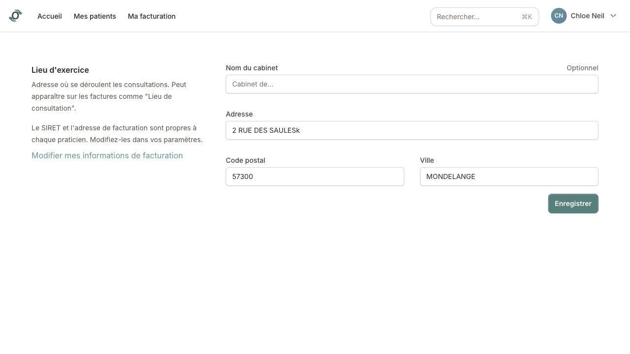 Page Mon cabinet avec nom, adresse et informations administratives