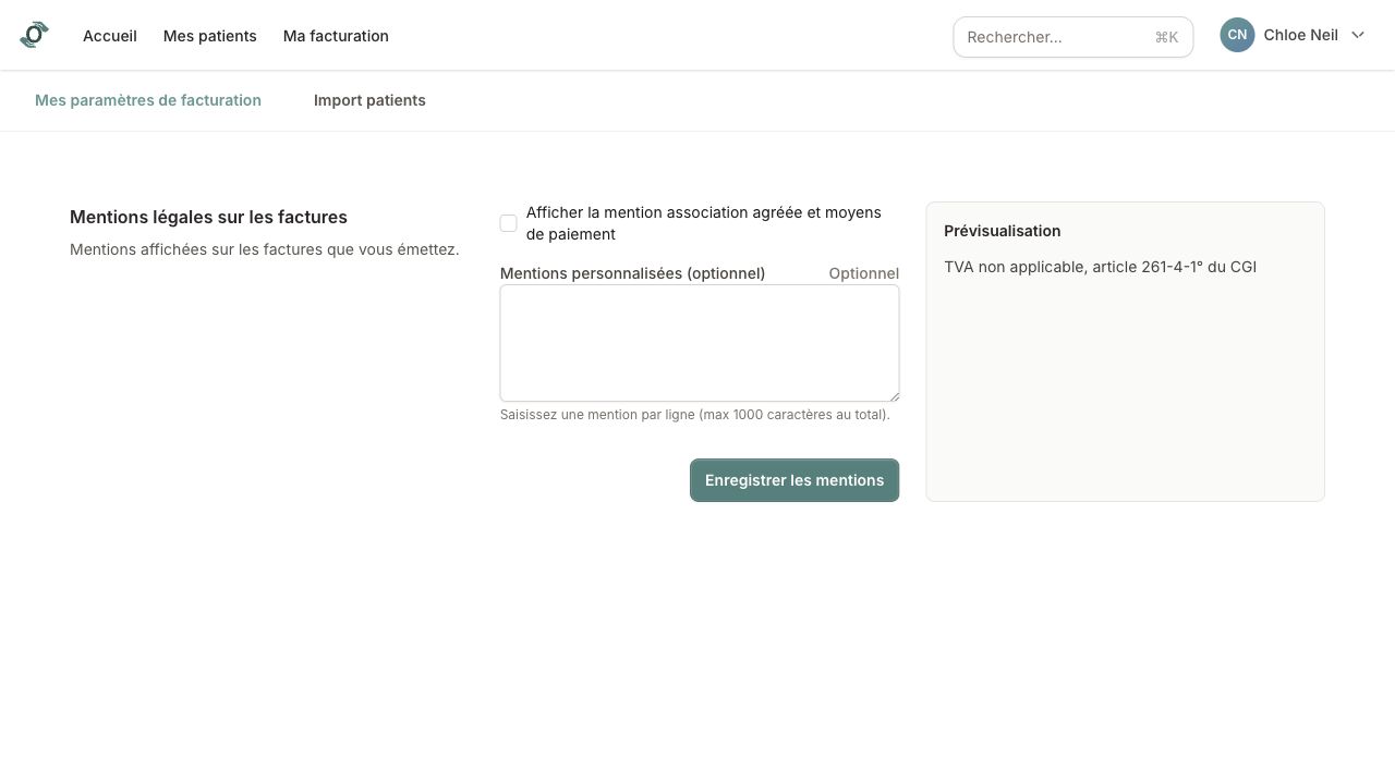 Paramètres de facturation avec mentions légales, prévisualisation et actions d'enregistrement