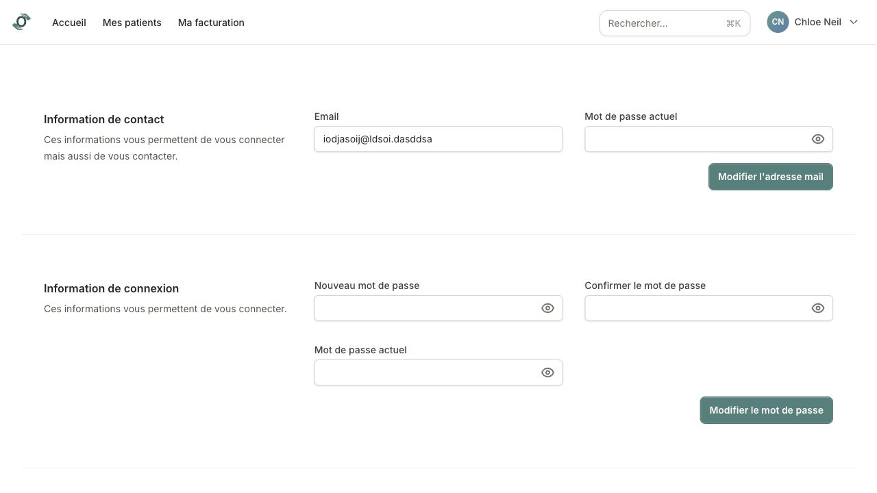 Page Mon profil avec informations de contact et informations de connexion