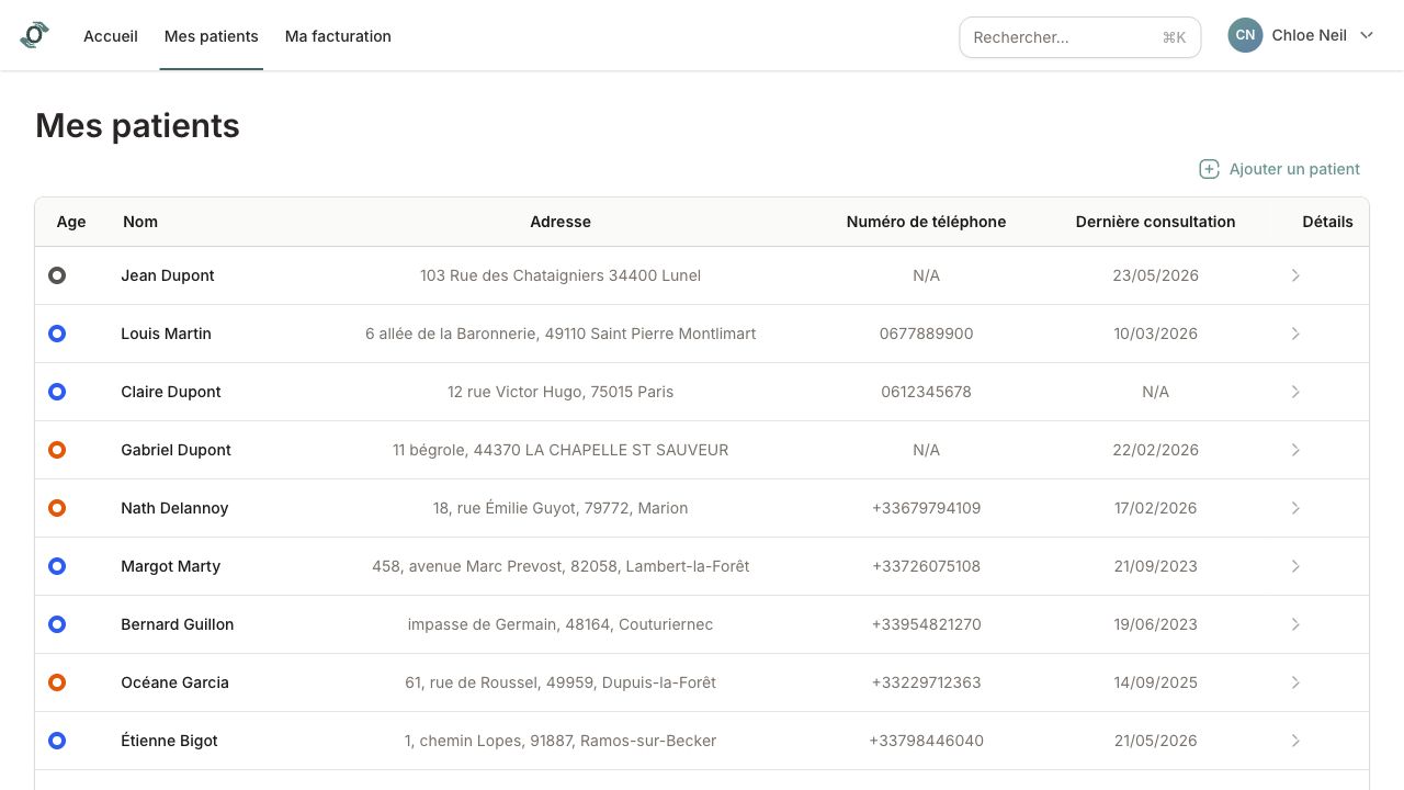 Liste Mes patients avec tableau, filtres et bouton Ajouter un patient