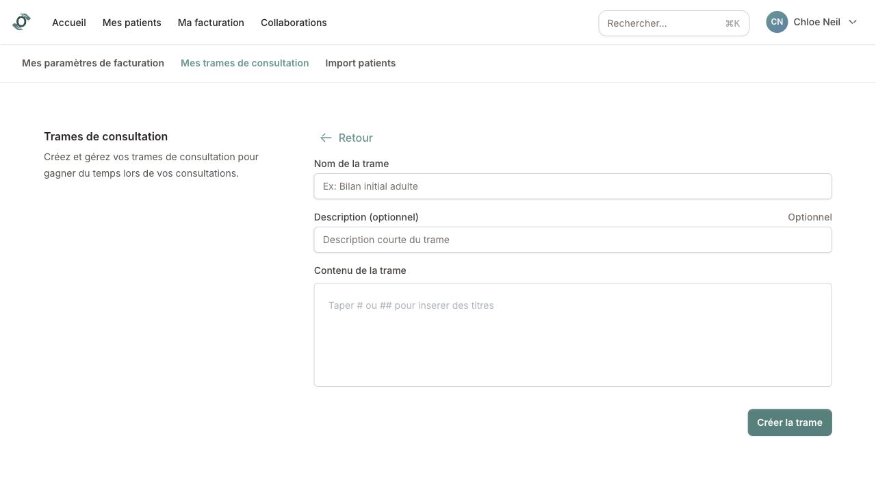 Page Mes trames de consultation avec formulaire de création d'une trame